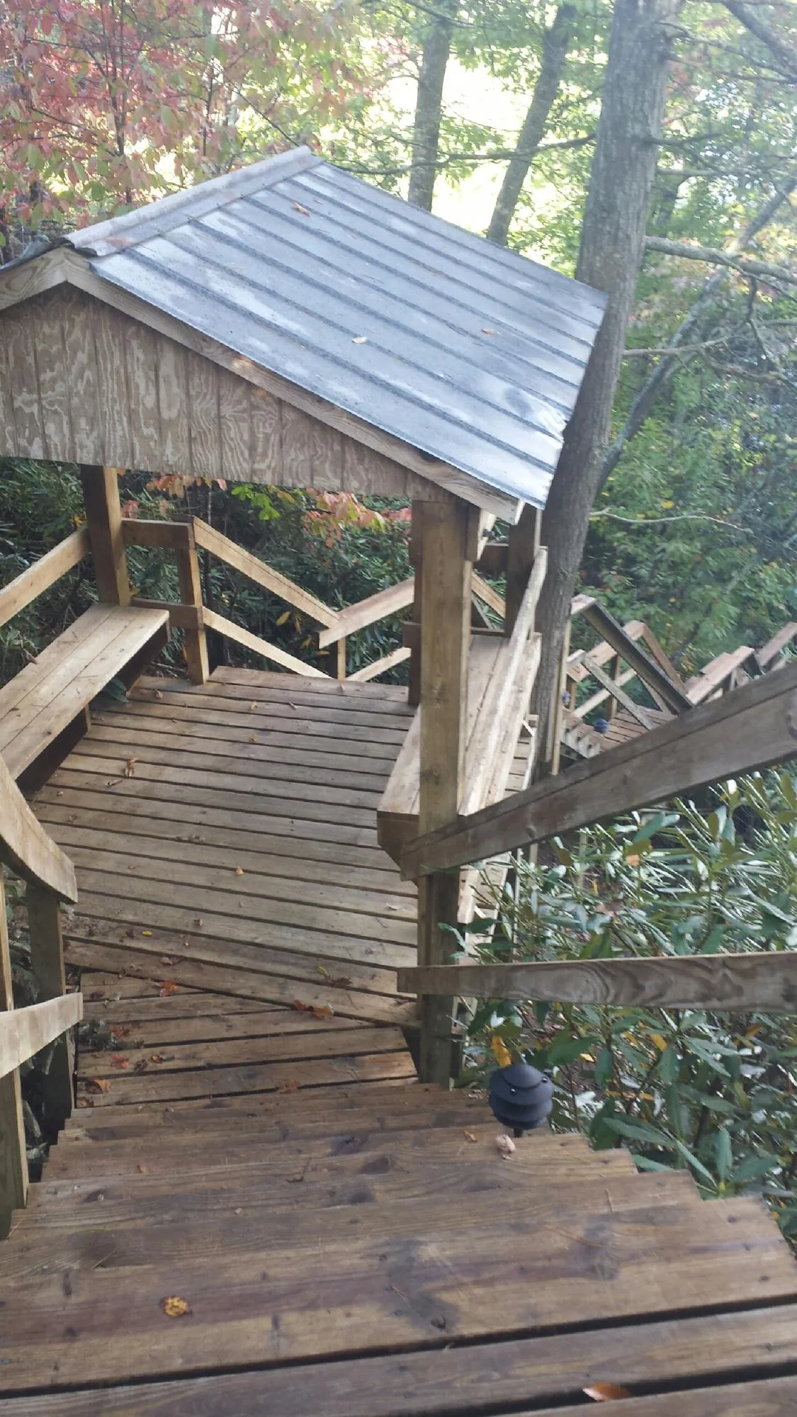 Metal roofed shelter over wooden steps on a wooded walkway — Skylight Repair & Installation work by our crew in Ponderay
